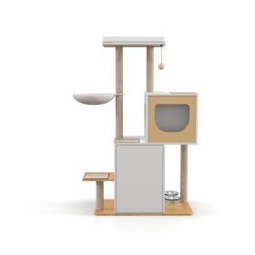 Wood Cat Tree Tower, Cat Furniture with Scratching Pads and Large Storage Space, Industrial Cat Cabinet with Shelves and Doors