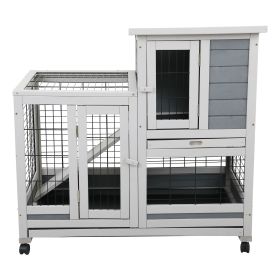 Wooden Rabbit Hutch, Outdoor Pet Bunny House Wooden Cage with Ventilation Gridding Fence, Openable Door, Cleaning Tray, Gray XH