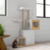 Wood Cat Tree Tower, Cat Furniture with Scratching Pads and Large Storage Space, Industrial Cat Cabinet with Shelves and Doors