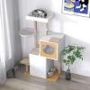 Wood Cat Tree Tower, Cat Furniture with Scratching Pads and Large Storage Space, Industrial Cat Cabinet with Shelves and Doors