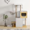 Wood Cat Tree Tower, Cat Furniture with Scratching Pads and Large Storage Space, Industrial Cat Cabinet with Shelves and Doors