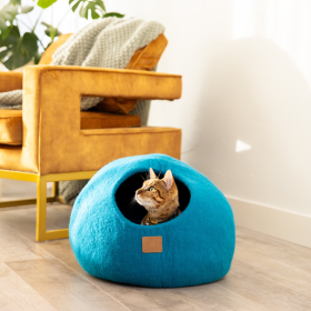 Premium Felted Wool Cat Cave Bed (Color: Ocean Blue, size: large)