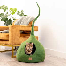 Deluxe Handcrafted Felt Cat Cave With Tail (Color: Forest Green, size: Regular)