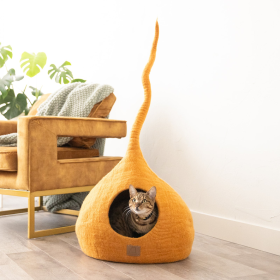 Deluxe Handcrafted Felt Cat Cave With Tail (Color: Fire Orange, size: Regular)