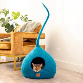 Deluxe Handcrafted Felt Cat Cave With Tail (Color: Ocean Blue, size: large)