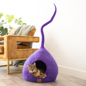 Deluxe Handcrafted Felt Cat Cave With Tail (Color: Plum Purple, size: Regular)