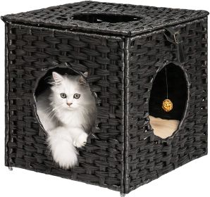 Mewoofun Handmade Cat Supplies Cat House for Indoor Woven Rattan Designed Pets (Color: Black)