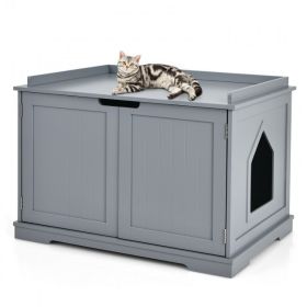 Cat Litter Box Enclosure with Double Doors for Large Cat and Kitty (Color: Gray)